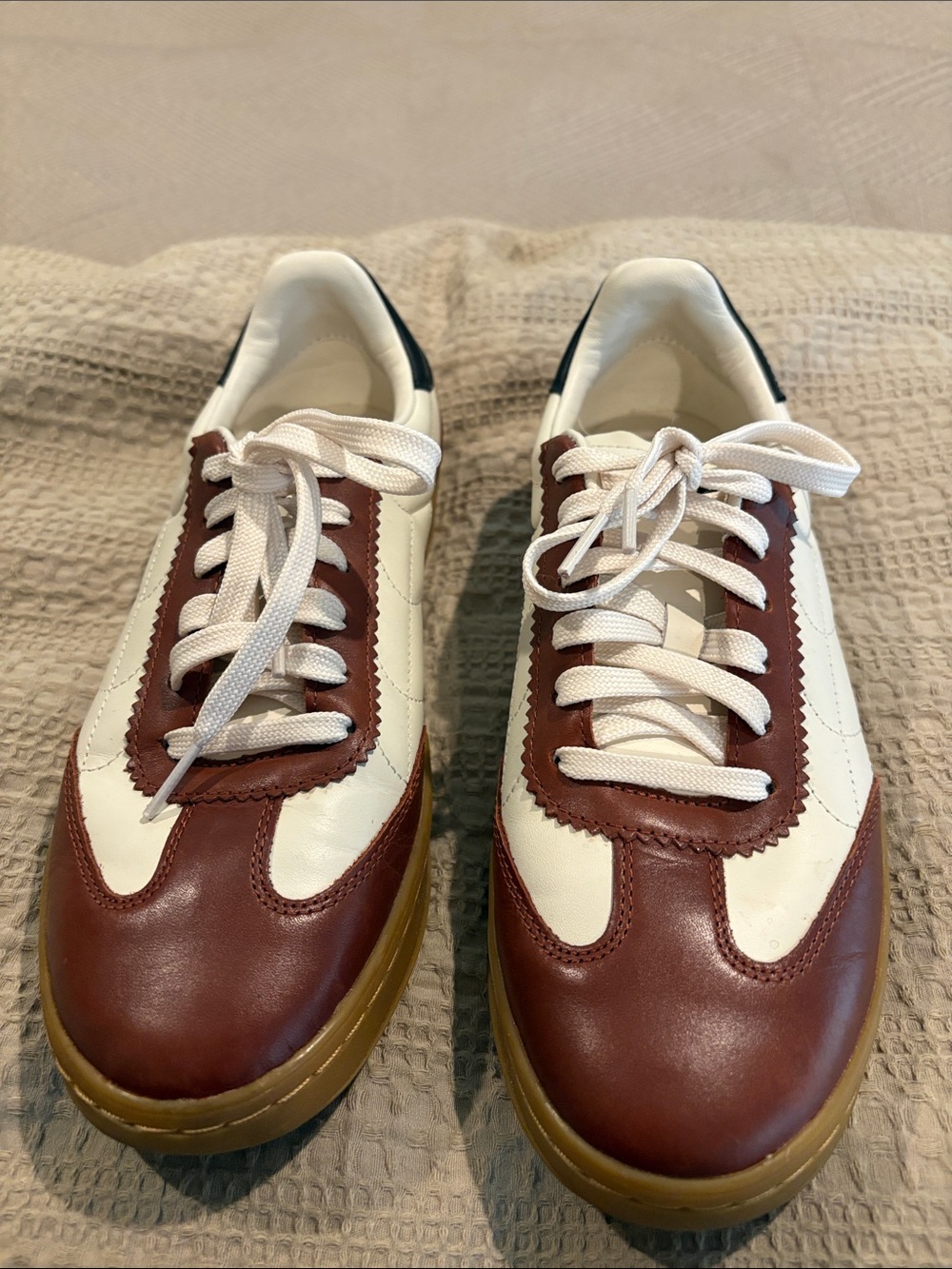 Cole Haan Two-Tone Leather Sneakers - White & Brown, Black trim like new 8 1/2